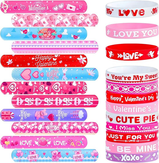 48 Pcs Valentines Slap Bracelets Rubber Bracelets Valentines Party Favors Gifts for Kids School Classroom Goodie Bag Stuffers