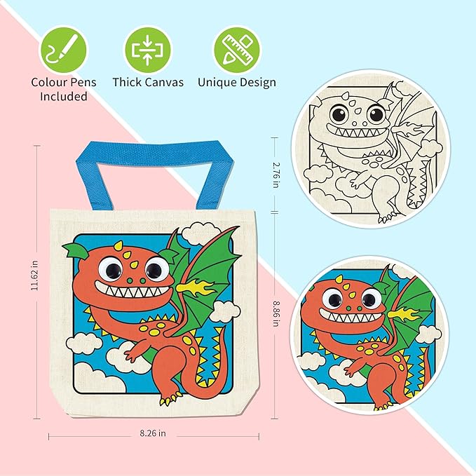 8 Pieces Kids Coloring Goodie Bags, Reusable Canvas Bag, Cute Art Party Favors, Color Your Own Bags for DIY Painting Birthday Carnival Celebration, Party Supplies Gift, Girls and Boys
