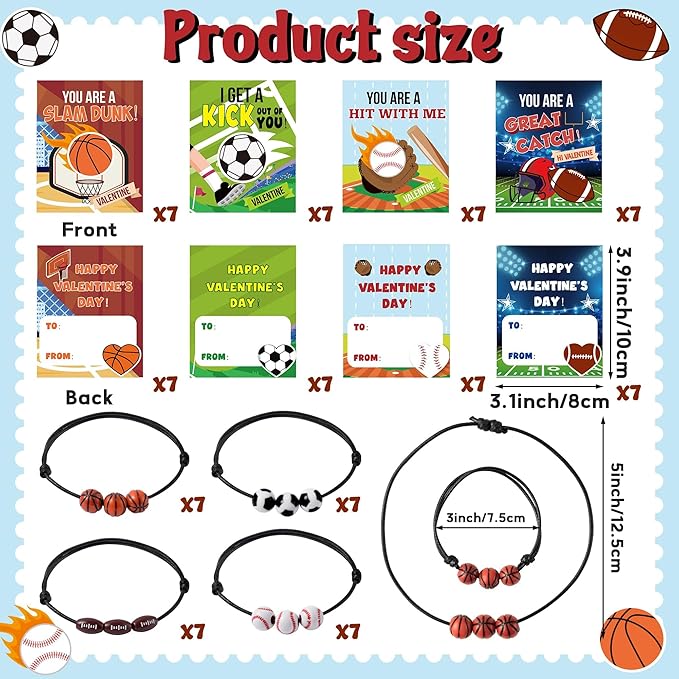 ANGOLIO 56Pcs Valentine's Day Cards for Kids with Ball Sport Bracelets, Valentine Exchange Gifts Classroom with Football Basketball Bracelets, School Friends Exchange Gift Party Favors for Girls Boys