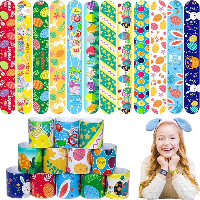 48 PCS Easter Slap Bracelets for Kids – Fun Bunny & Egg Designs, Party Favors, Goodie Bag Fillers, and Classroom Prizes