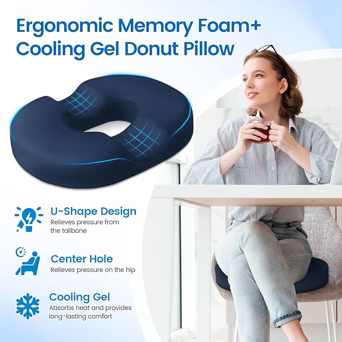 Donut Pillow Seat Cushion - Cooling Gel Floor Pillow, Memory Foam Floor Cushion for Office & Home, Car Seat, Hemorrhoids Pillow, Sciatica & Tailbone Pain Relief Chair Cushion, Blue