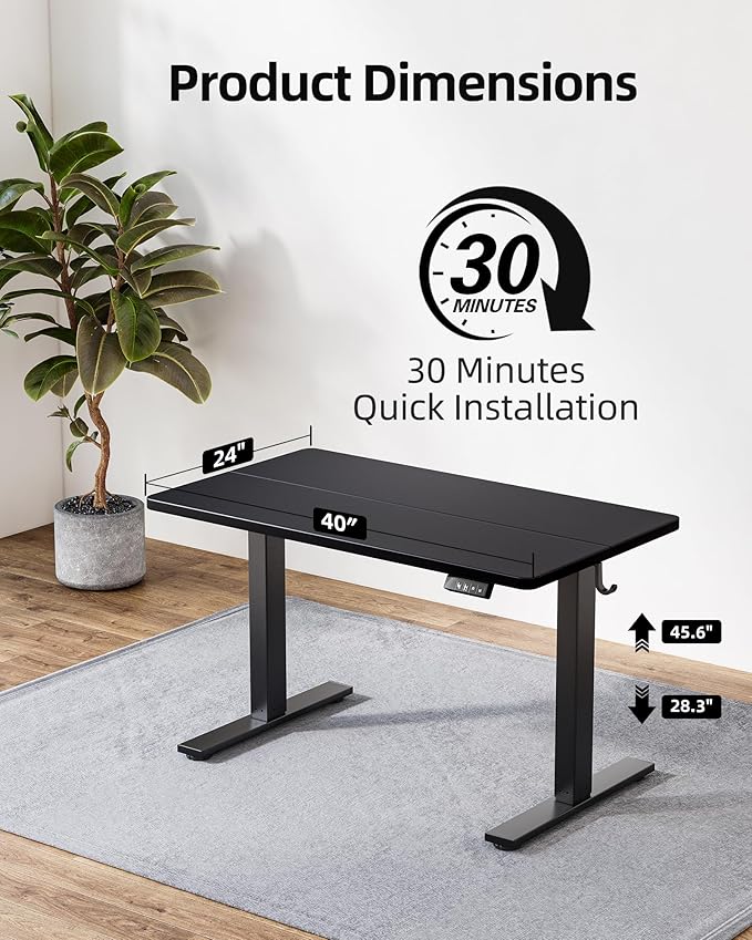 TIQLAB Height Adjustable Electric Standing Desk, 40 x 24 inch, Sit Stand Up Desk, Splice Board, Computer Home Office Desk, Black Top