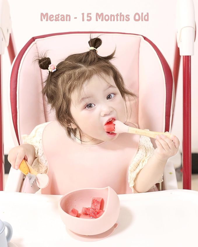 Ginbear Silicone Baby Spoon and Fork Self-feeding, Baby Flatware Sets for Girl, Toddler Feeding Utensils for Child 6 Months+ (Mauve/Pink)