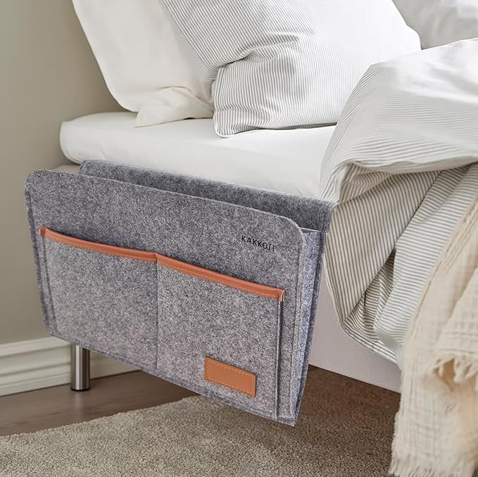 Bedside Caddy, Sofa Caddy, Storage Organizer Pocket for Dorm, Bedroom, 5 Pockets Felt Organizer for Magazine, Remote, Phone, Tablet, Pad, Glasses, Pen, Remote Control (Grey-Short)