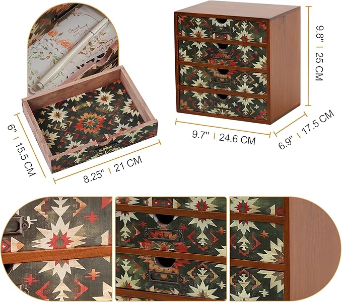 Boho Green Wooden Desk Organizer with Drawers – 4-Drawer Desktop Storage Box – Rustic Tribal Wood Desk Organizer for Office, Vanity, or Craft Supplies – Compact & Stylish Wooden Storage Drawers