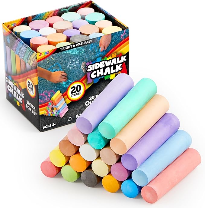 JOYIN 20 PCS Washable Sidewalk Chalks Set in 20 Colors, Non-Toxic Jumbo Colored Chalk for Kids, Painting for Outdoor Games, School Supplies, Painting on Chalkboard