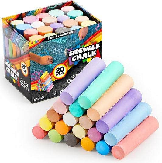 JOYIN 20 PCS Washable Sidewalk Chalks Set in 20 Colors, Non-Toxic Jumbo Colored Chalk for Kids, Painting for Outdoor Games, School Supplies, Painting on Chalkboard