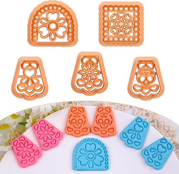 Puocaon Papel Picado Clay Cutters - 5 Pcs Mexican Tile Clay Cutters for Polymer Clay Jewelry, Day of the Dead Papel Picado Banner Polymer Clay Cutters for Earrings Making, Folk Art Clay Earring Cutter