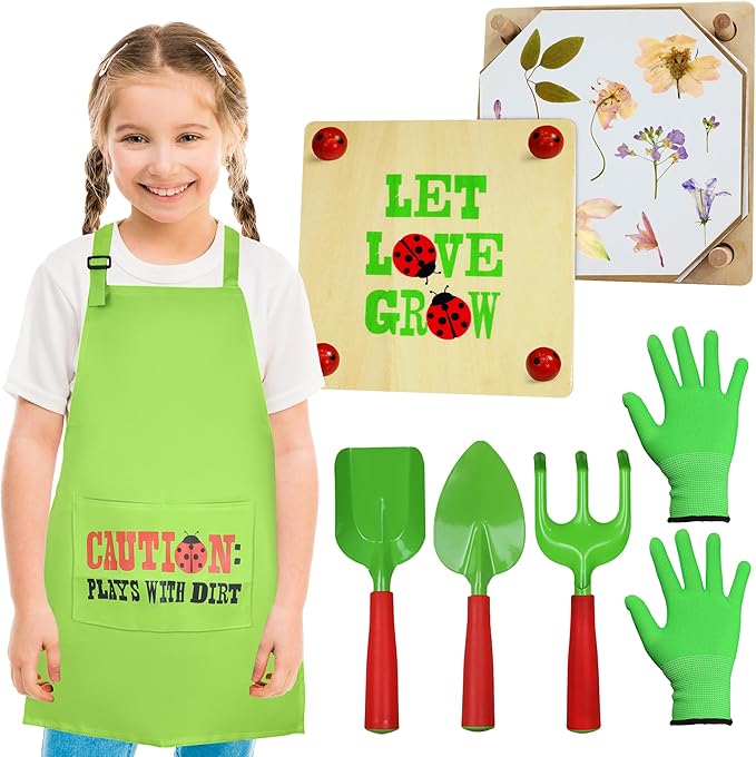 Gardening Pretend Play Set & Flower Press Kit - Kids Gardening Set with Apron, Pair of Gloves, 3 Gardening Tools, Wooden Flower & Leaf Press - Safe Outdoor Gardening Tools for Kids & Teens