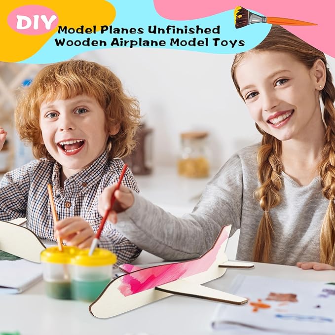 Feradny 24 Pack Unfinished Wooden Airplane Model Toys DIY Model Planes Wood Plane kit Handcraft Plane to Paint for Kids School Art Activity Birthday Carnival Party (Color Style 3)…