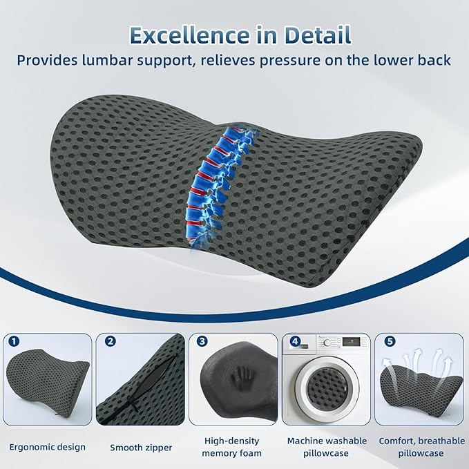 Lumbar Pillow, Memory Foam Lumbar Support Pillow for Office Chair and Car Seat, Ergonomic Streamline Back Pillow for Lower Back Pain Relief, Back Support Pillow for Sitting, Driving, Traveling