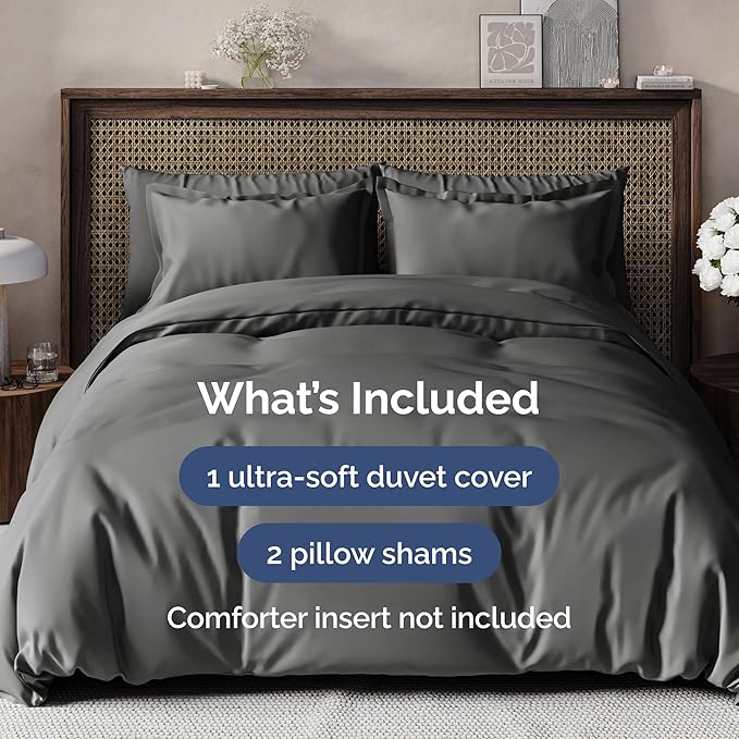 Duvet Cover Cal King Size Set - Extra Soft Cal King Size Duvet Cover 104 x 98 with 2 Pillow Shams - Hotel Luxury Easy Care and Fade Free w/Zipper Closures & Ties - Breathable Bedding Set (Charcoal)