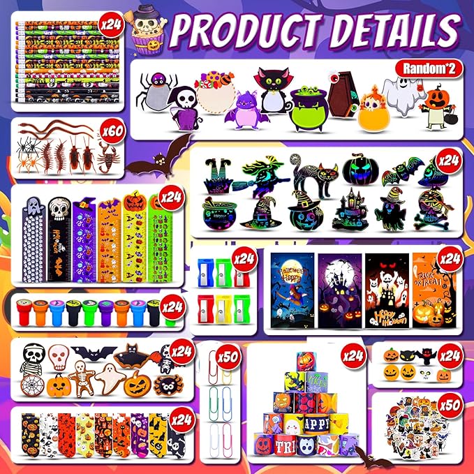 24 PACK 500 PCS Halloween Stationery Set, Party Favors for Kids Assorted Art and Craft Kit, Goodie Bag Stuffers Classroom Prizes Trick or Treat Fillers