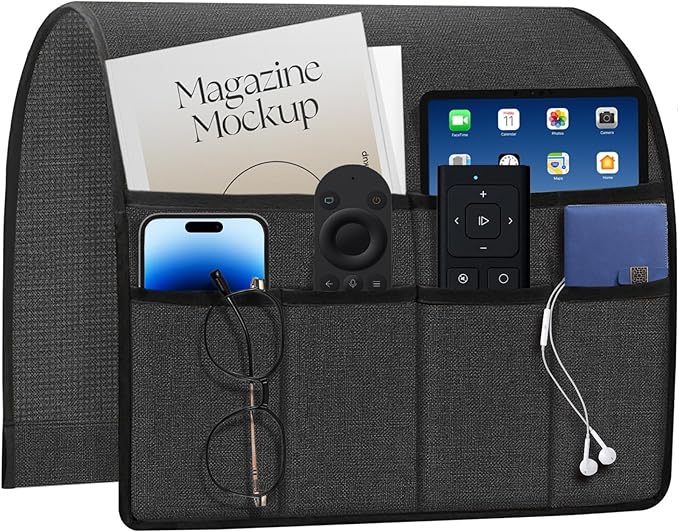 Remote Holder for Recliner Armchair & Couch, Non Slip Sofa Armrest Organizer Caddy with 6 Pockets Thick Linen Fabric Storage for Tablet, Phone, iPad, Magazine, 19x35 Inches, Grey
