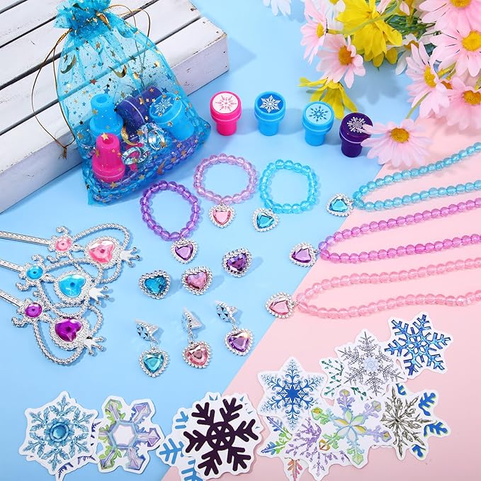 Faccito 134 Pieces Princess Party Favors Winter Birthday Party Supplies Snowflake Jewelry Gifts Set for Kids Include Diamond Necklaces Bracelets Rings Earrings Stickers Crown Wand Stampers Bags