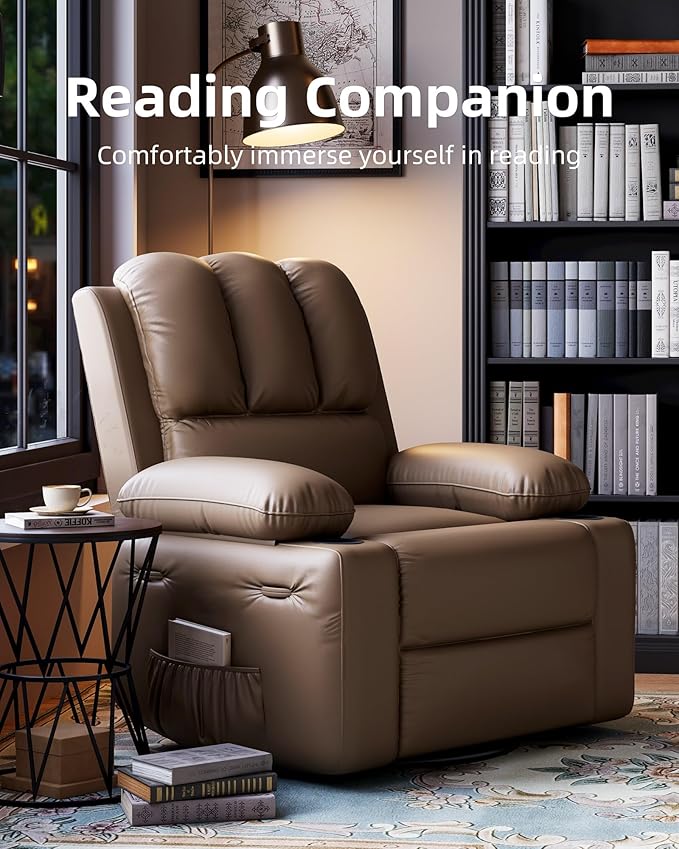 22'' Leather Recliner Chair for Adults, Overstuffed Manual Recliner Chair, Single Sofa with Cup Holder and Side Pockets, Upholstered Chair for Living Rooms, Tan