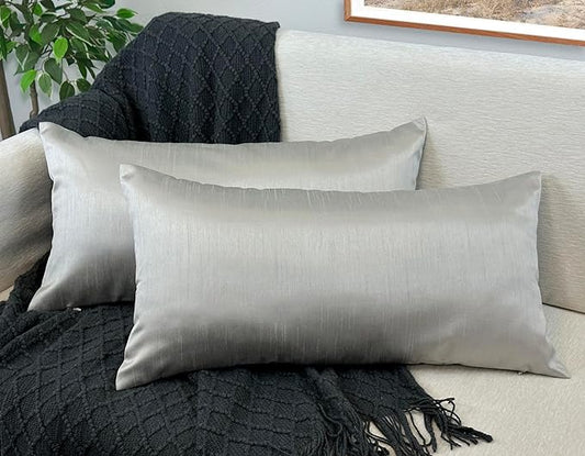 Aiking Home 12x24 Inches Faux Silk Rectangular Throw Pillow Cover, Zipper Closure, Silver (Set of 2)