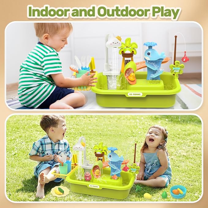 HOLYFUN Play Sink with Running Water, Kitchen Sink Toys with Upgraded Electric Faucet, Water Slide Track, Baby Dishwasher, Kids Fishing Toys, Role Play Sink Toy for Toddler Boys and Girls