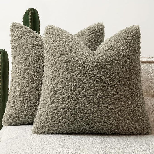 Woaboy Faux Fur Throw Pillow Covers 18x18 Inch Set of 2 Boucle Neutral Decorative Sherpa Fuzzy Accent Soft Sheepskin Fleece Cushions Modern Home Decor for Couch Sofa Bedroom Living Room,Sage Green