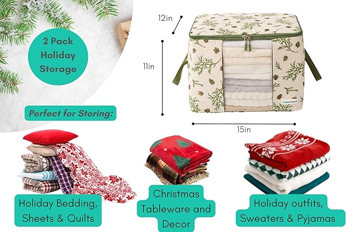 Canvas Storage Bags Designer Organizer 2 Pack – Seasonal Storage for Sweaters, Blankets, Linens & Garments – Foldable Design with Zip & Window, Moth-Proof Space Saver, Mistletoe Print