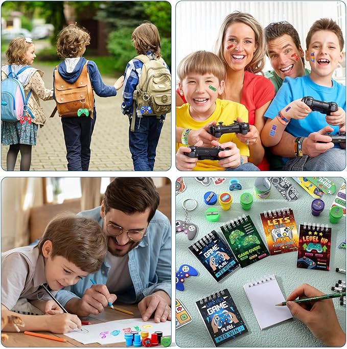 251 Pcs Video Game Party Favors Set Includes Gift Bags Pencils Notebook Sharpener Slap Bracelets Rings Keychains Tattoo Gaming Stickers Stamper Gamer Party Favors for Kids Gamer Birthday