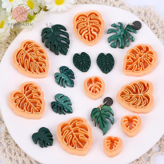 Puocaon Monstera Polymer Clay Cutters - 20 Leaves Clay Cutters for Polymer Clay Earrings Making, Tropical Leaf Clay Jewelry Cutters, Embossed Leaves Clay Cutters for Earrings, Monstera Clay Cutters
