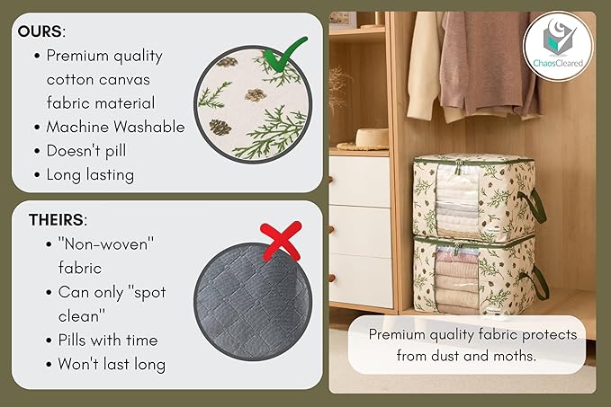 Canvas Storage Bags Designer Organizer 2 Pack – Seasonal Storage for Sweaters, Blankets, Linens & Garments – Foldable Design with Zip & Window, Moth-Proof Space Saver, Mistletoe Print