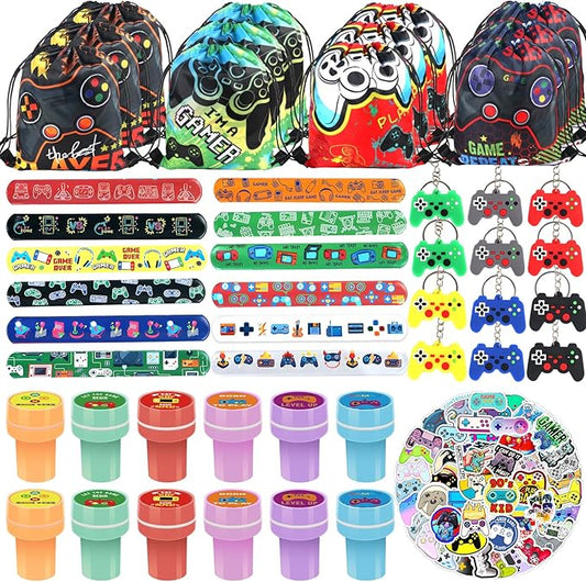 98 Pcs Video Game Party Favors Gifts Set Include Gamer Party Favor Stickers Stamps Keychains Slap Bracelets and Drawstring Bags Party Decorations for Kids Video Game Birthday Party Favors Supplies