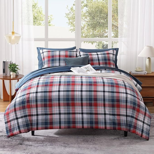 MaiRêve Full Size Plaid Comforter Set Navy Red, Classic 7 Pieces Farmhouse Bedding Set, All Season Lightweight Bed in A Bag with Sheets, Pillowcases & Shams
