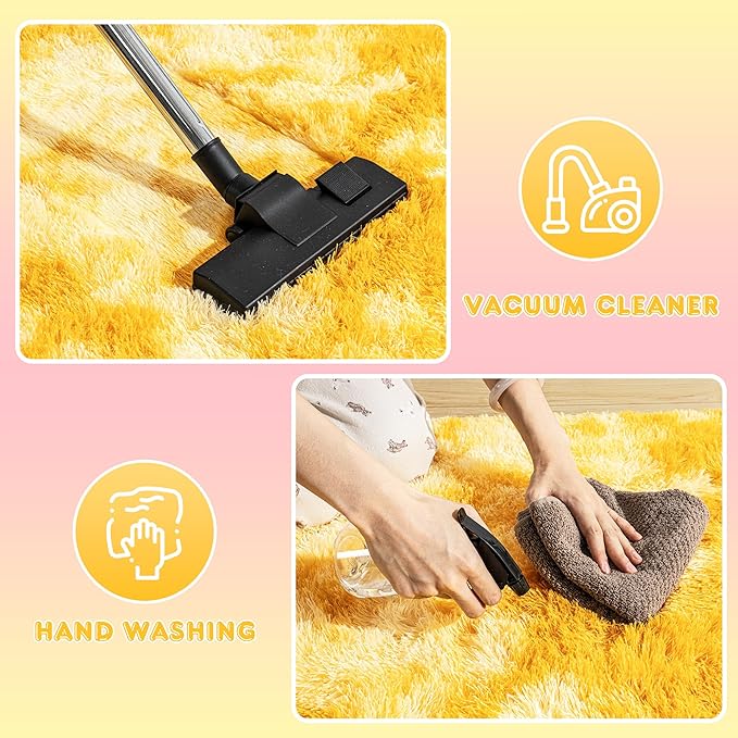 Xexsin Small Rugs for Bedroom, Fuzzy Throw Rug for Living Room Dorm, Soft Fluffy Bedroom Rug, Non Slip Shag Rugs, Modern Indoor Home Decor Aesthetic, 2x3 Feet, Tie-Dyed Yellow