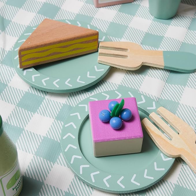 21pcs Wooden Play Food Set for Kids Kitchen, Cutting Pretend Play Toy Picnic Playset with Food, Fruit, Juice and Bag, Toddler Toy Food Play Kitchen Accessories Boys & Girls Birthday Gift