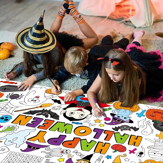 Halloween Giant Coloring Poster for Kids 30 x 72 Inch, Large Halloween Crafts Coloring Paper Tablecloth Banner for Kids, Halloween Color-in Activities Party Games Birthday Party Supplies Decorations