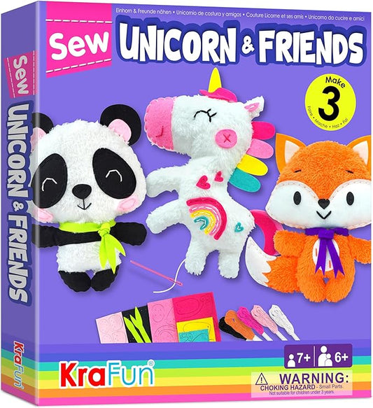 KRAFUN Unicorn Beginner Animal Sewing Kit for Kids Age 7-13 My First Art & Craft, Includes 3 Stuffed Animal Dolls Panda, Fox, Instructions & Plush Felt Materials for Learn to Sew, Embroidery