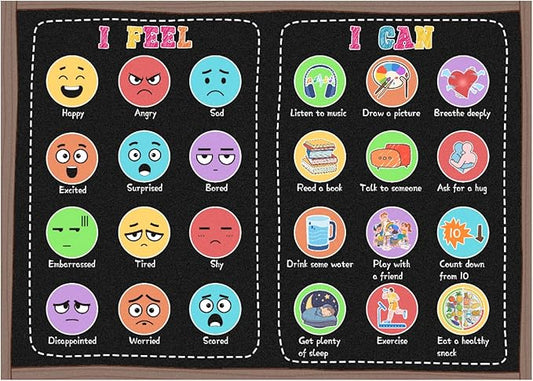 Large Classroom Rug Elementary 8x10ft for Playroom, Educational Smiley Face Kids Play Mat, Calming Corner Sensory Emotion Feelings Rug for Kidroom Nursery Bedroom, Non-Slip Washable(Black)