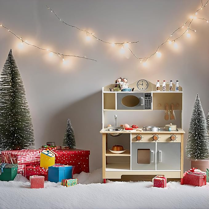 Kids Play Kitchen, Wooden Kitchen Playset for Kids with 12 Pcs Toy Food & Cookware Accessories, Toys Kitchen Small Pretend Play Kitchen for Toddlers