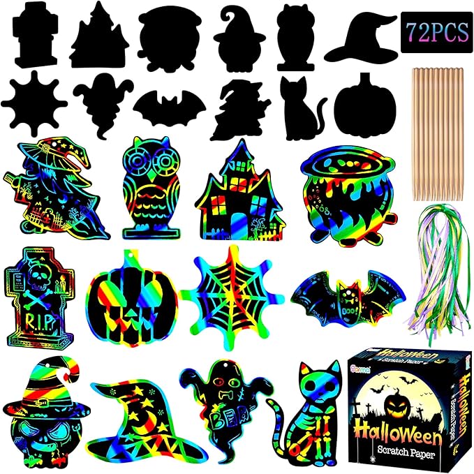 Garma Scratch Paper Art for Kids - 72 Pcs Halloween Magic Rainbow Scratch Paper Off Cards Set for Kids Crafts Arts Supplies Halloween Ornaments Party Games Classroom Activities Birthday Gift