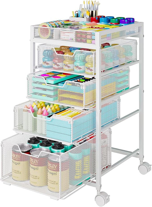 Rolling Utility Cart with 4 Drawers, Craft Organizer and Storage Carts with DIY Divider, Lockable Wheels Storage Organizer for Art Supplies, Store for Brushes & Paints & Artifacts, White