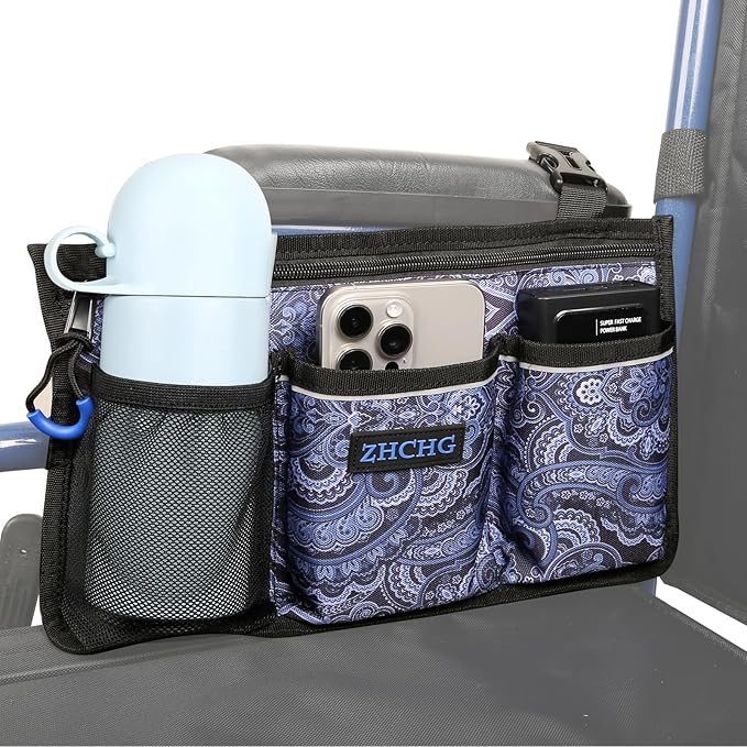 Wheelchair Side Bag, Wheelchair Armrest Pouch Accessories with Cup Holder, Storage Bag for Walker, Rollator, Electric Scooter Wheelchairs, Ideal Gift for Mother's Day & Father's Day (Navy)