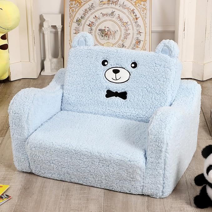 Kids Chairs for Toddler, 2-in-1 Toddler Soft Sherpa Couch Fold Out, Convertible Sofa to Lounger for Girls and Boys, Teddy Bear, Blue