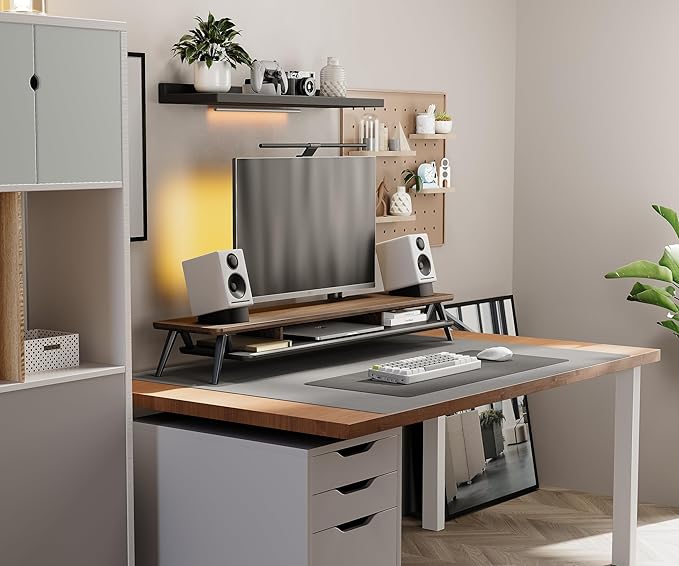 Fenge Dual Monitor Stand, Monitor Stands Riser for 2 monitors, 42.5 Inch Wood Desk Shelf with Storage Organizer and Cable Management for Office Desk Accessories