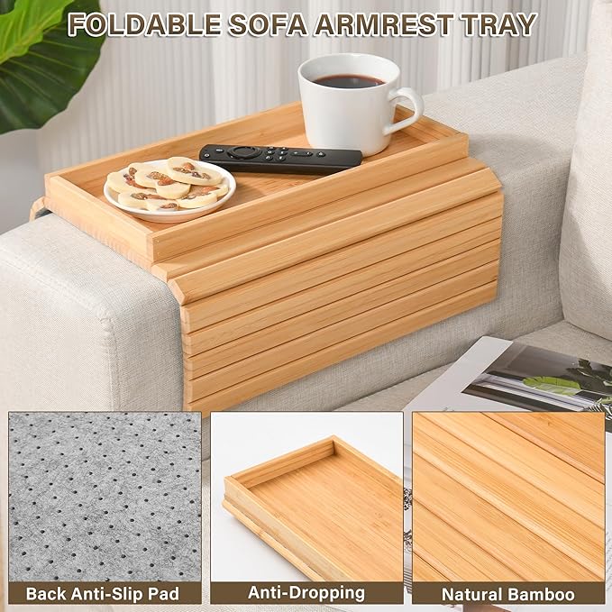 Bamboo Sofa Arm Tray, Anti-Dropping Couch Arm Tray, Foldable Sofa Armrest Tray Couch Arm Table for Eats, Drinks, Snacks, Remote, Cellphone, Cup Holder, Back Anti-Slip Pad Design