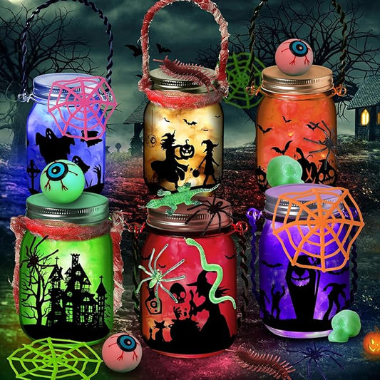 Halloween Crafts Activities For Kids Ages 4-12,6 Pack Glass Mason Jar for School Halloween Art Activities,Halloween Craft Supplies,DIY Lantern Jar for Gifts Halloween Party Favors,Classroom Prizes