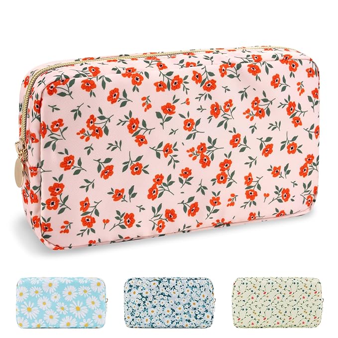 Waterproof Small Floral Makeup Bag Pouch for Purse,Nylon Flower Cosmetic Bag Preppy Travel Toiletry Storage Bag for Women Girl,Cute Makeup Organizer Bag Skincare Bag with Zipper(Small Pink-Flowers)