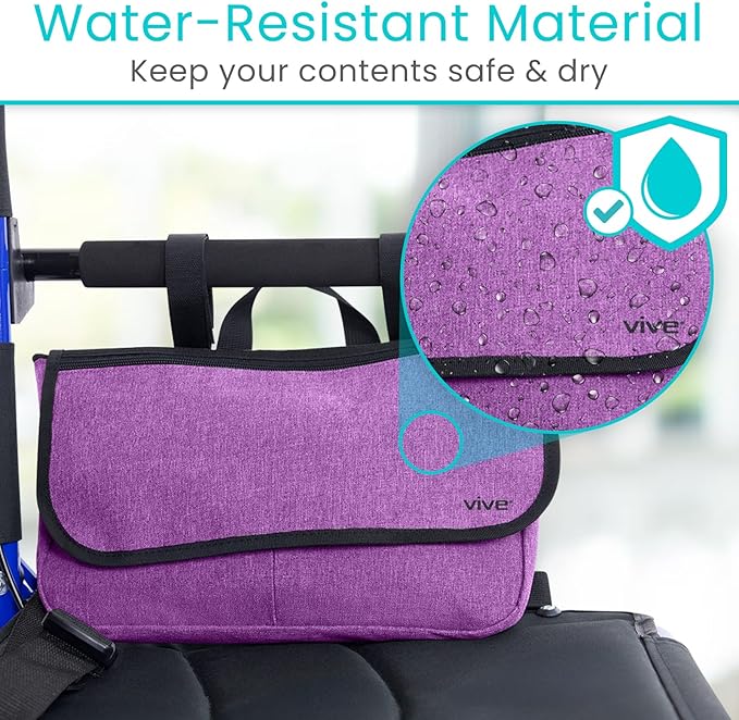 Vive Wheelchair Carry Bag - Arm Rest Pouch for Rollator, Walkers, Power Wheel Chairs and Knee Scooters - Side Storage Organizer for Elderly, Seniors, Adults (Purple)