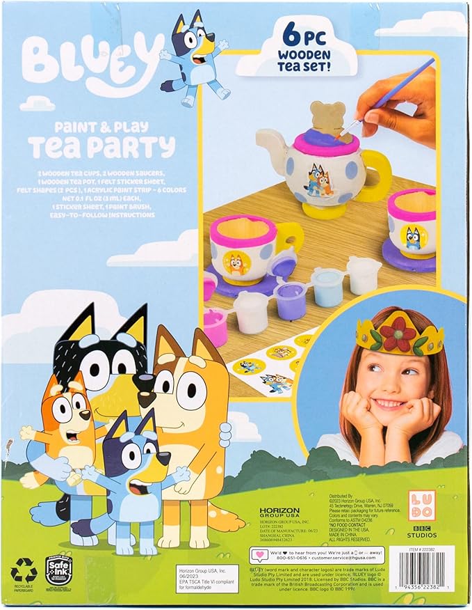 Bluey Paint & Play Tea Party, 6-Piece Wooden Tea Set, Customize with Paint & Bluey Stickers, 2 Wearable Crowns, Fun Toys for Kids, Cute Birthday Party Decorations, Pretend Play Tea Party, Bluey Toys