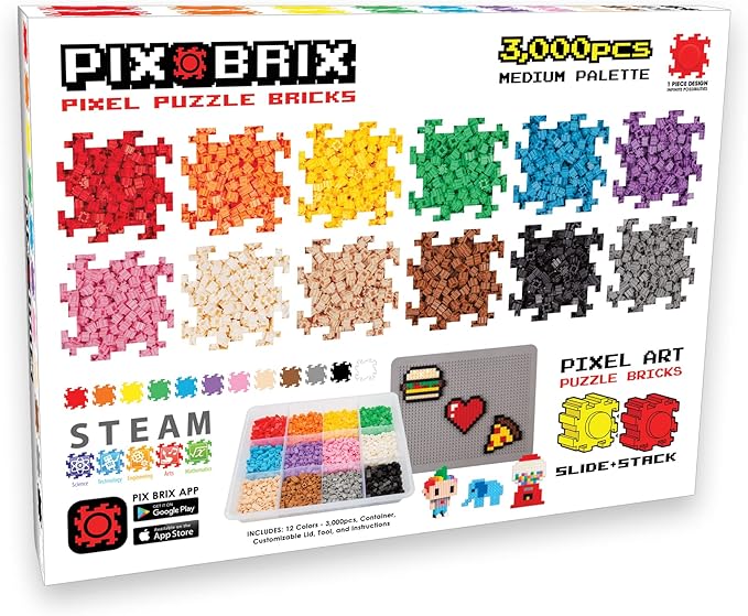 Pix Brix Pixel Art Puzzle Bricks – 3,000 Piece Pixel Art Container, 12 Color Medium Palette – Interlocking Building Bricks, Create 2D and 3D Builds Without Water or Glue – Stem Toys, Ages 6 Plus