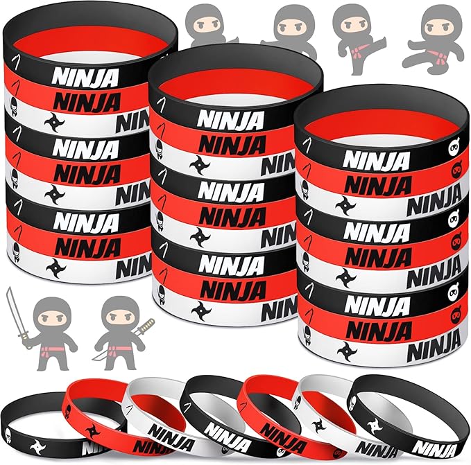 30 Pieces Ninja Silicone Wristbands Bracelets Samurai Rubber Bracelets Ninja Party Favors Bracelets Ninja Warrior Stretch Wristbands for Ninja Warrior Theme Party Favors Goody Bag Supplies, 3 Colors