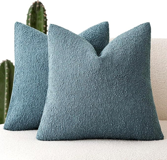 Foindtower Pack of 2, Decorative Textured Boucle Throw Pillow Covers Accent Solid Pillow Cases Soft Cozy Couch Cushion Case for Chair Sofa Bedroom Living Room Home Decor 16x16 Inch Misty Blue