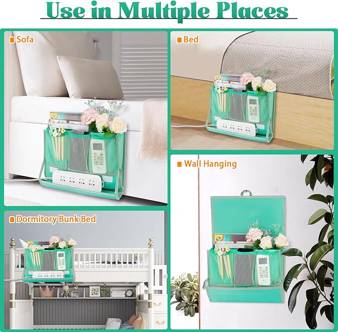 Bedside Caddy Bedside Storage Organizer Bedside Organizer with Power Strip Holder and 2 Adjustable Straps for Home Bunk Bed College Dorm Sofa (Green)