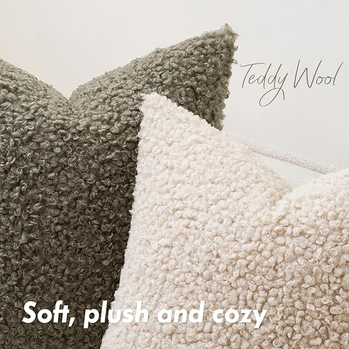 Woaboy Faux Fur Throw Pillow Covers 20x20 Inch Set of 2 Boucle Neutral Decorative Sherpa Fuzzy Accent Soft Sheepskin Fleece Cushions Modern Christmas Home Decor for Couch Sofa Bedroom Livingroom,Beige